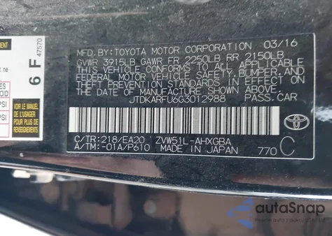 2016 Toyota Prius Four from USA, damaged, VIN JTDKARFU6G3012988